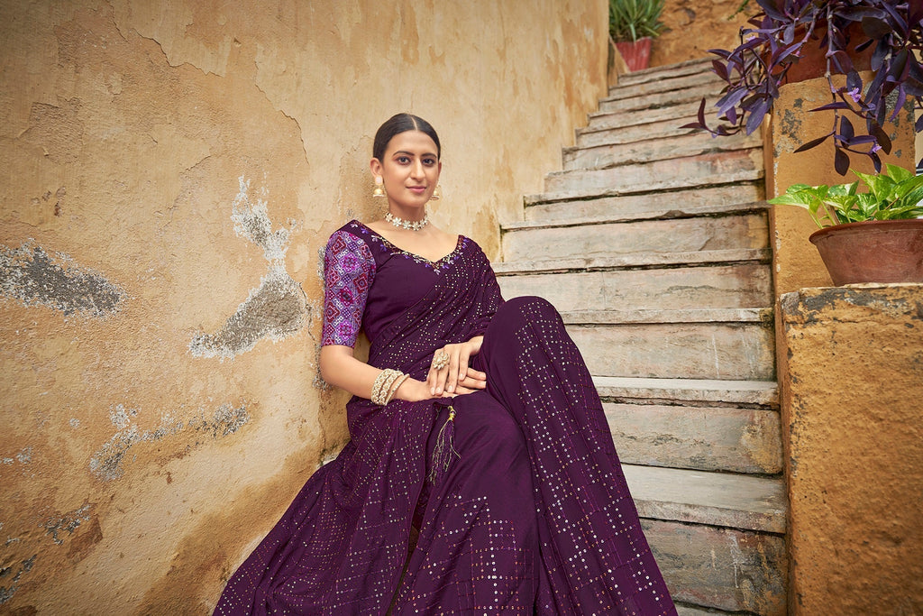 Fancy Purple Color Sequence Thread Work Chinon Saree Clothsvilla