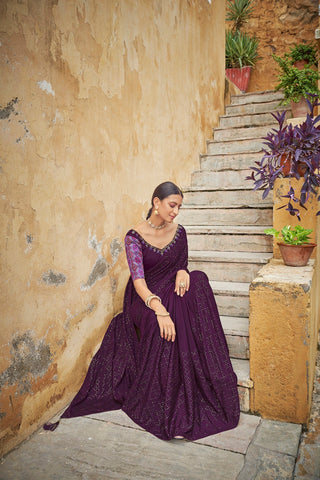 Fancy Purple Color Sequence Thread Work Chinon Saree Clothsvilla