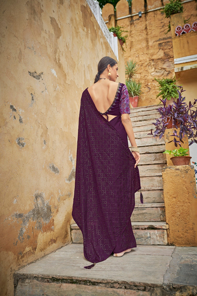 Fancy Purple Color Sequence Thread Work Chinon Saree Clothsvilla