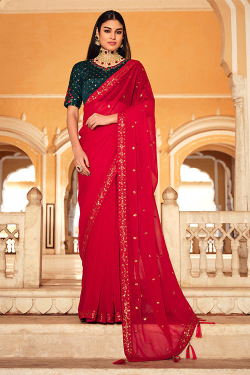 Beautiful Red Chinon Thread With Sequins Work Saree ClothsVilla.com