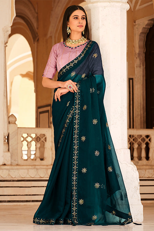 Teal Blue Chinon Thread With Sequins Work Saree ClothsVilla.com