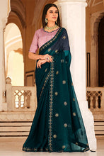 Load image into Gallery viewer, Teal Blue Chinon Thread With Sequins Work Saree ClothsVilla.com