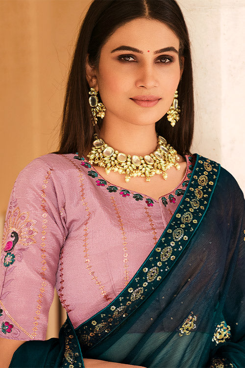 Teal Blue Chinon Thread With Sequins Work Saree ClothsVilla.com