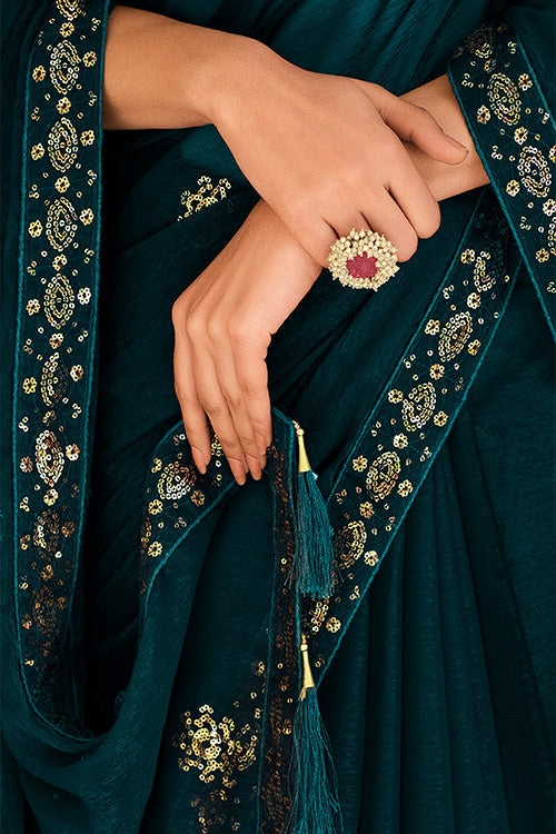 Teal Blue Chinon Thread With Sequins Work Saree ClothsVilla.com