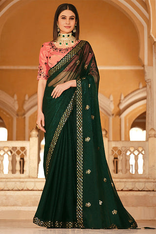 Green Chinon Thread With Sequins Work Saree ClothsVilla.com