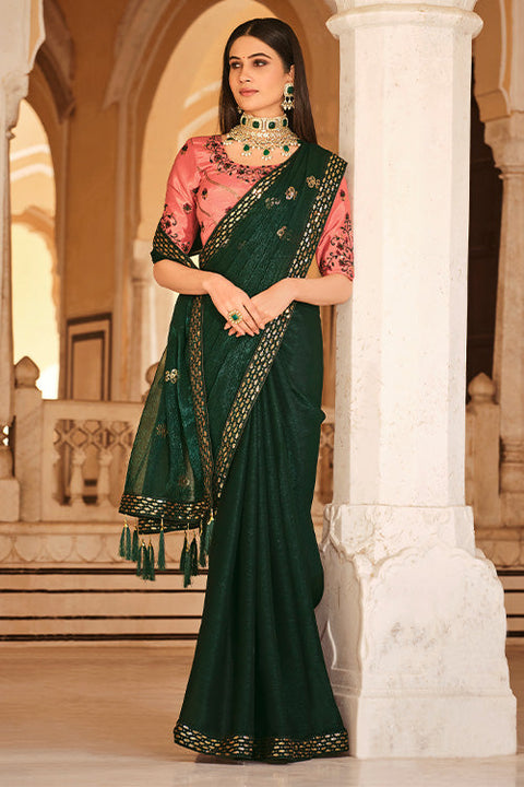Green Chinon Thread With Sequins Work Saree ClothsVilla.com Main image