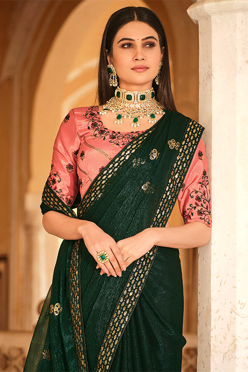 Green Chinon Thread With Sequins Work Saree ClothsVilla.com