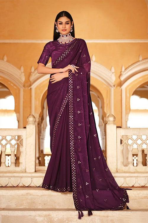Purple Chinon Thread With Sequins Work Saree ClothsVilla.com