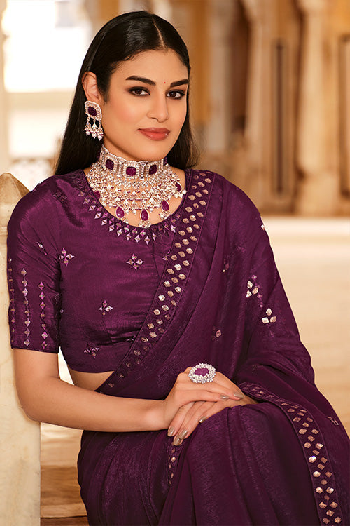 Purple Chinon Thread With Sequins Work Saree ClothsVilla.com