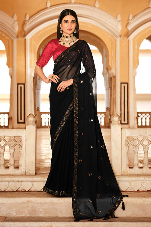 Black Chinon Thread With Sequins Work Saree ClothsVilla.com