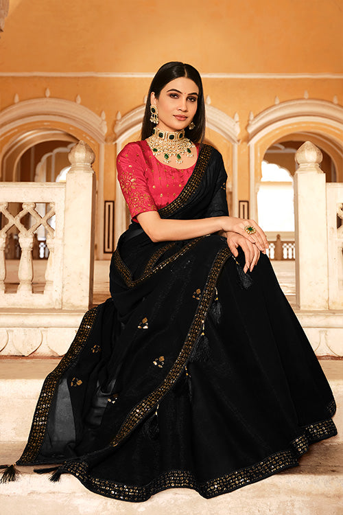 Black Chinon Thread With Sequins Work Saree ClothsVilla.com