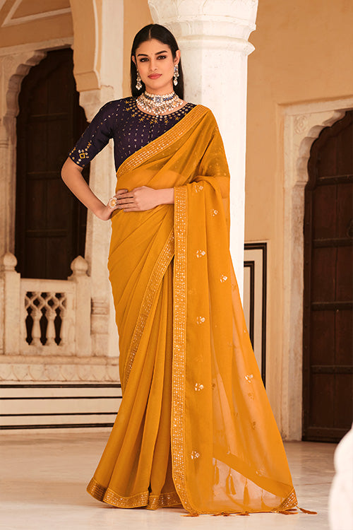 Yellow Chinon Thread With Sequins Work Saree ClothsVilla.com