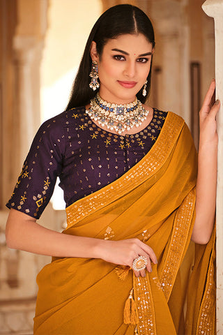 Yellow Chinon Thread With Sequins Work Saree ClothsVilla.com