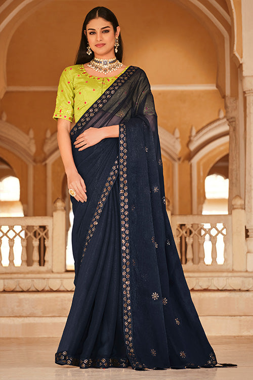 Navy Blue Chinon Thread With Sequins Work Saree ClothsVilla.com