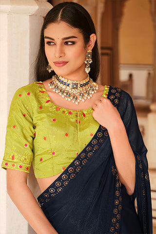 Navy Blue Chinon Thread With Sequins Work Saree ClothsVilla.com