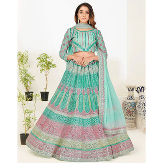 Green Blue Foil Mirror, Thread and Zari Work Lehenga choli ClothsVilla