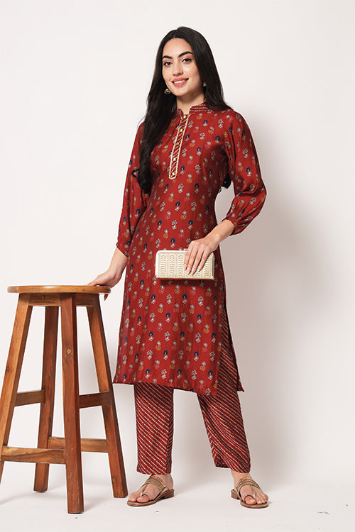 Office Wear Chanderi Silk Stitched Foil Print Kurta Pant Set ClothsVilla.com
