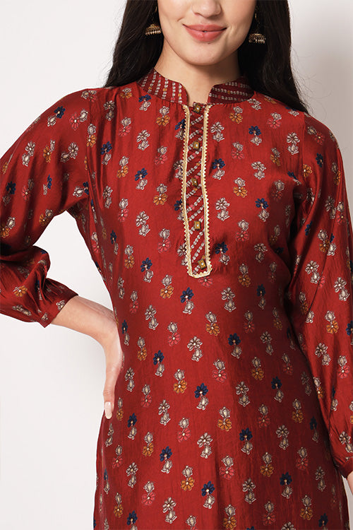 Office Wear Chanderi Silk Stitched Foil Print Kurta Pant Set ClothsVilla.com