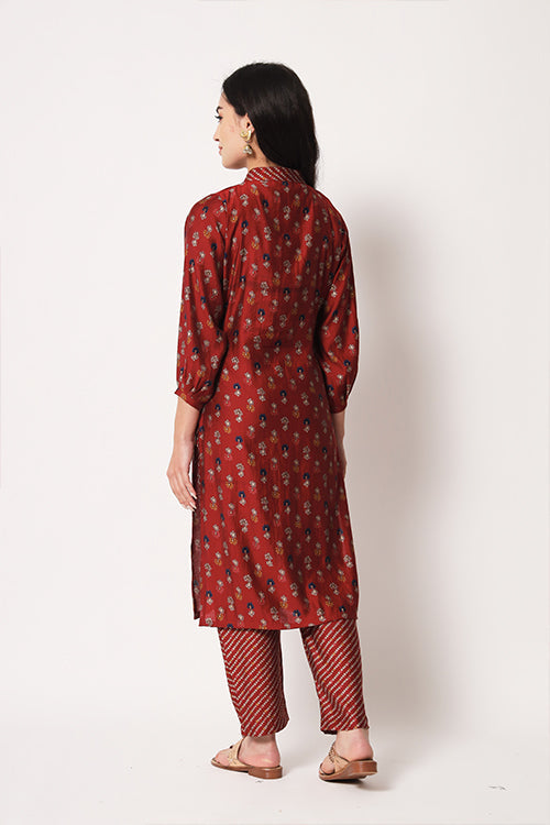 Office Wear Chanderi Silk Stitched Foil Print Kurta Pant Set ClothsVilla.com
