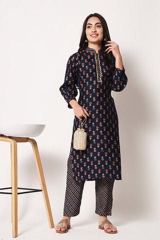Office Wear Chanderi Silk Stitched Foil Print Kurta Pant Set ClothsVilla.com
