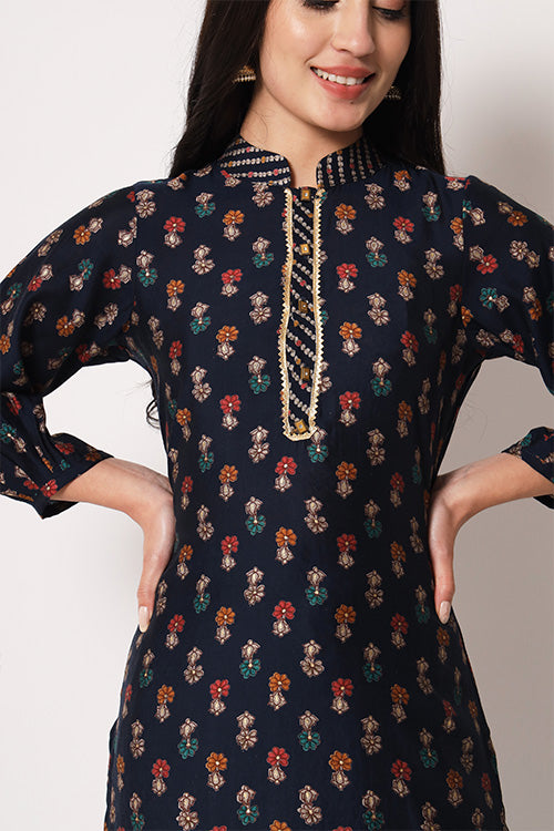 Office Wear Chanderi Silk Stitched Foil Print Kurta Pant Set ClothsVilla.com