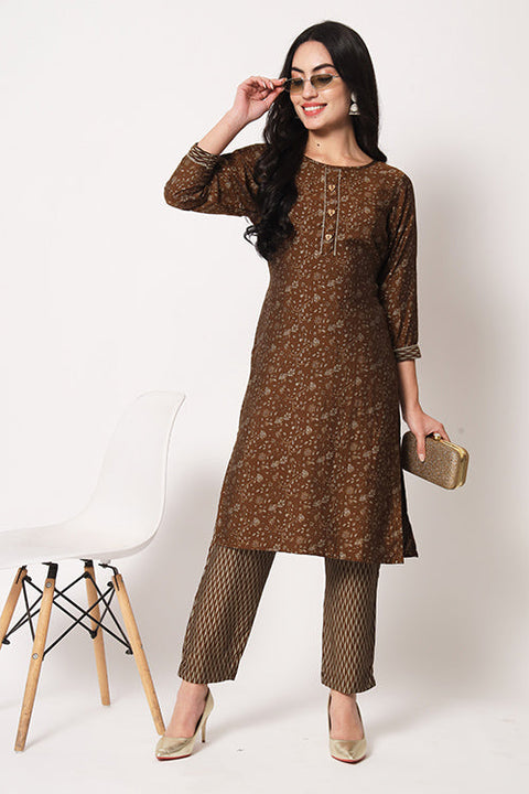 Office Wear Maslin Silk Stitched Foil Print Kurta Pant Set ClothsVilla.com Main image