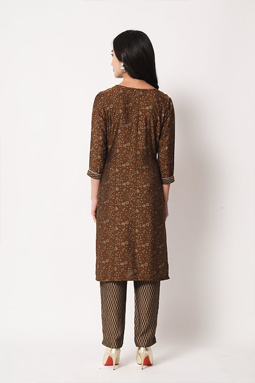 Office Wear Maslin Silk Stitched Foil Print Kurta Pant Set ClothsVilla.com