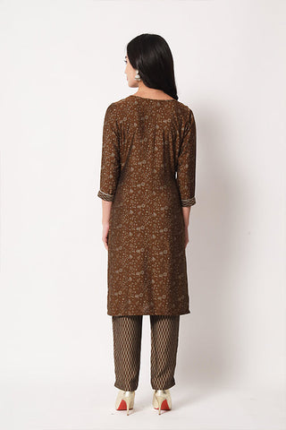 Office Wear Maslin Silk Stitched Foil Print Kurta Pant Set ClothsVilla.com