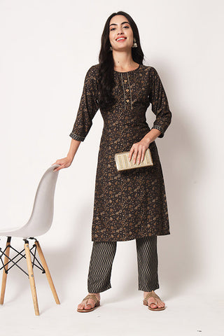 Office Wear Maslin Silk Stitched Foil Print Kurta Pant Set ClothsVilla.com