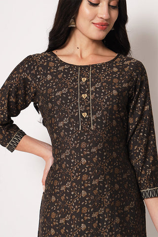 Office Wear Maslin Silk Stitched Foil Print Kurta Pant Set ClothsVilla.com