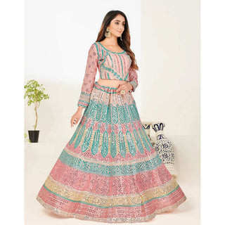Green Blue Foil Mirror, Thread and Zari Work Lehenga choli ClothsVilla