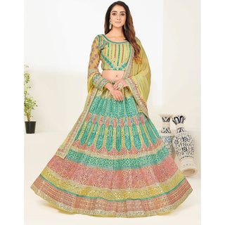 Green Blue Foil Mirror, Thread and Zari Work Lehenga choli ClothsVilla