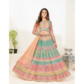 Green Blue Foil Mirror, Thread and Zari Work Lehenga choli ClothsVilla