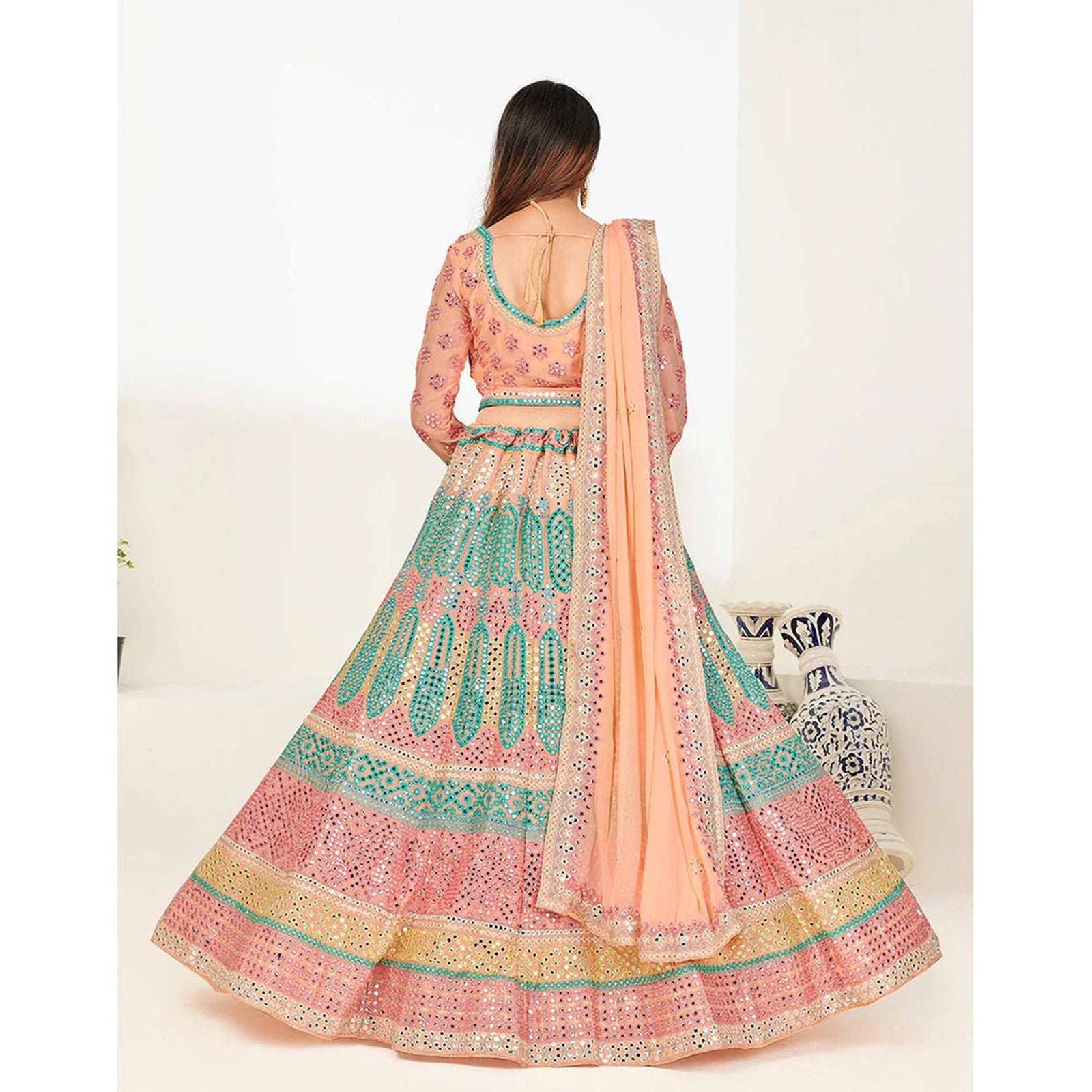 Green Blue Foil Mirror, Thread and Zari Work Lehenga choli ClothsVilla