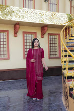 Load image into Gallery viewer, Women&#39;s Maroon Sharara Suit with Embroidery Clothsvilla