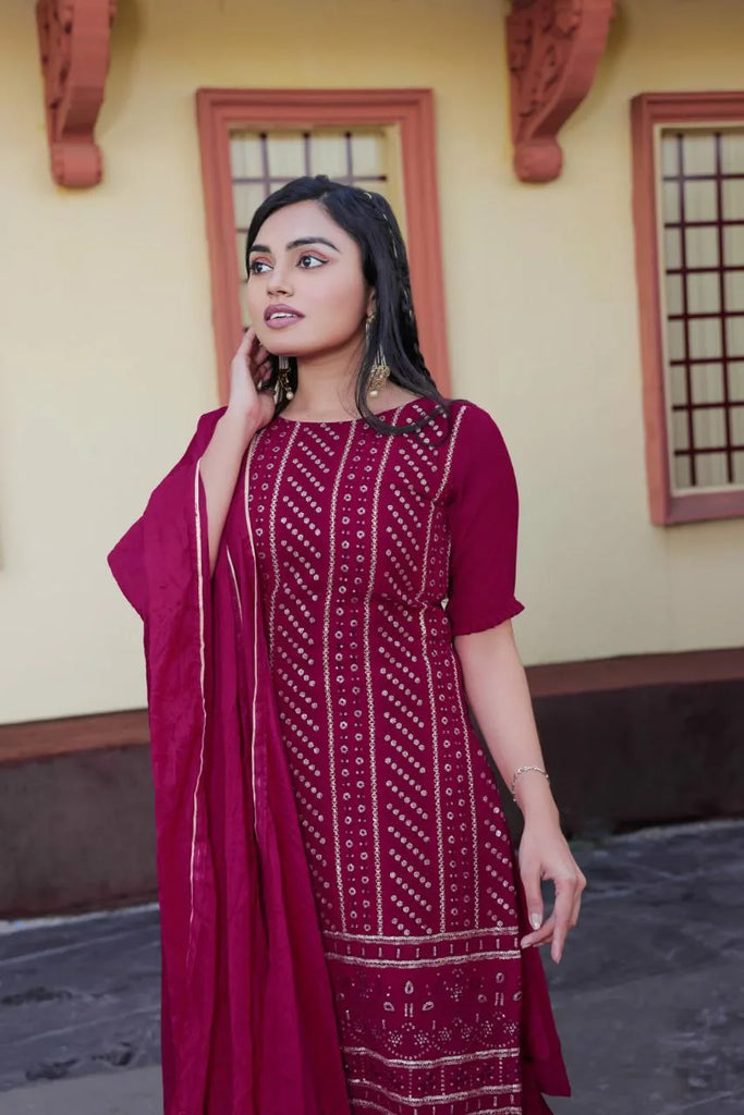 Women's Maroon Sharara Suit with Embroidery Clothsvilla