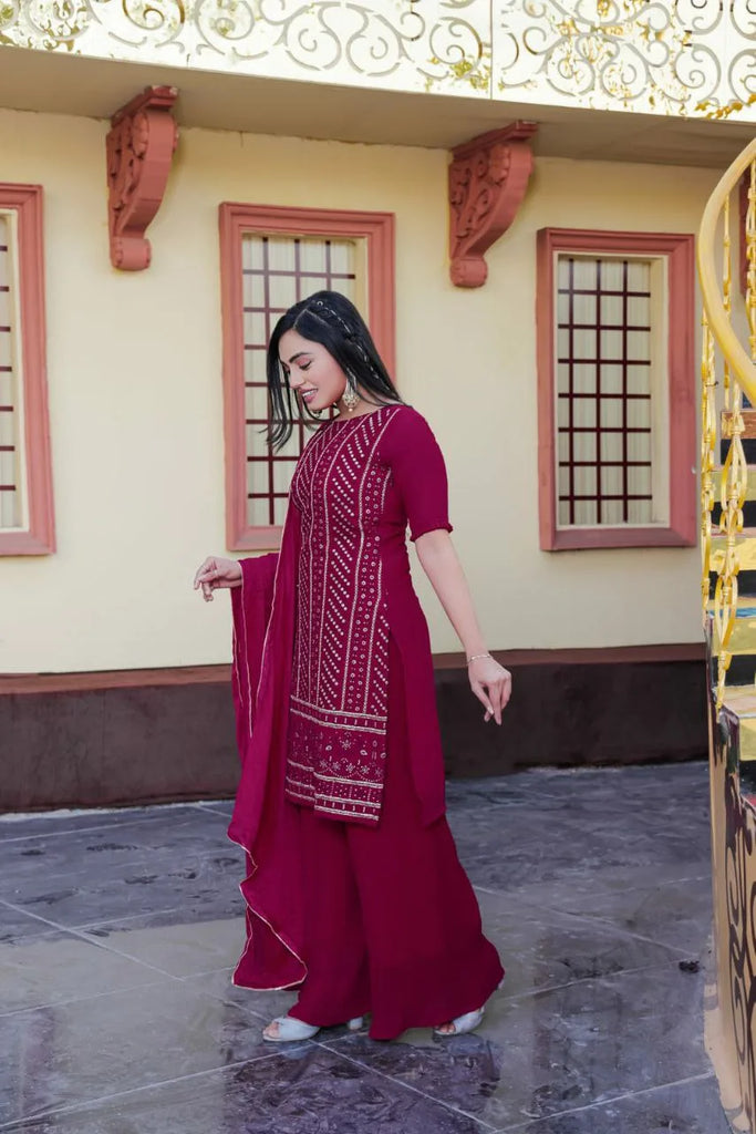 Women's Maroon Sharara Suit with Embroidery Clothsvilla