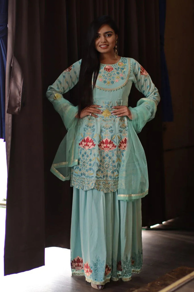 Wedding Sharara Suit Set in Sky Blue Color Clothsvilla