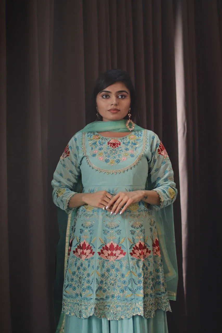 Wedding Sharara Suit Set in Sky Blue Color Secondary image