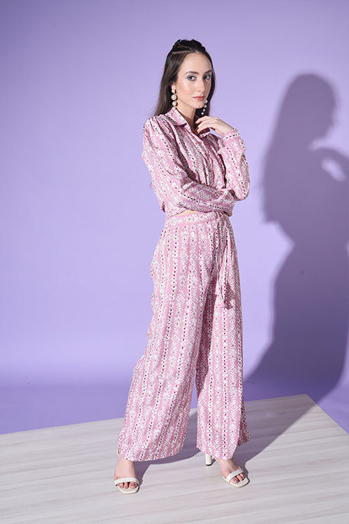 Cute Printed White & Pink Shirt With Trouser ClothsVilla.com