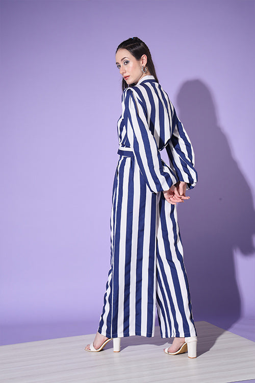 Beautiful Blue & White Stripe Shirt With Trouser Co-Ord Set ClothsVilla.com