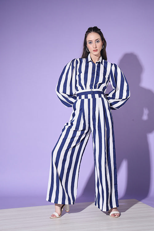 Beautiful Blue & White Stripe Shirt With Trouser Co-Ord Set ClothsVilla.com