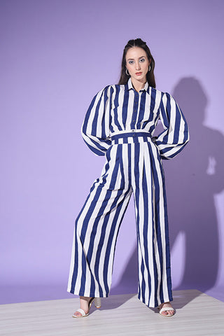 Beautiful Blue & White Stripe Shirt With Trouser Co-Ord Set ClothsVilla.com