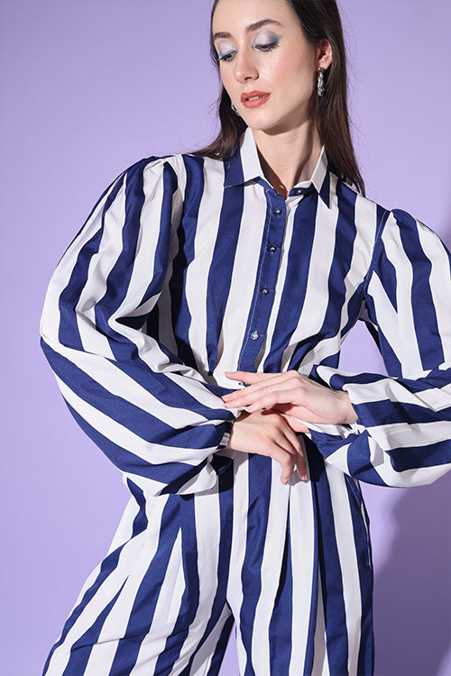 Beautiful Blue & White Stripe Shirt With Trouser Co-Ord Set ClothsVilla.com