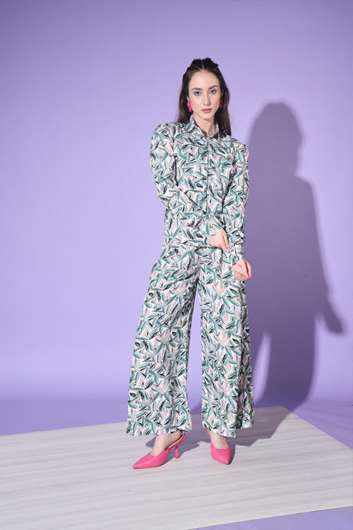 Sea Green Printed Shirt With Trouser Co-Ord Set ClothsVilla.com