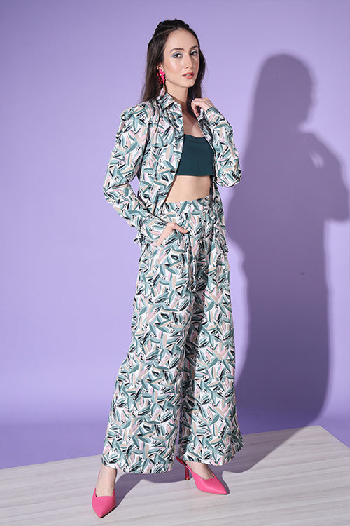 Sea Green Printed Shirt With Trouser Co-Ord Set ClothsVilla.com