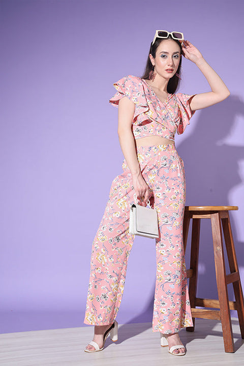Cute Floral Printed Crop-Top With Trousers ClothsVilla.com Main image