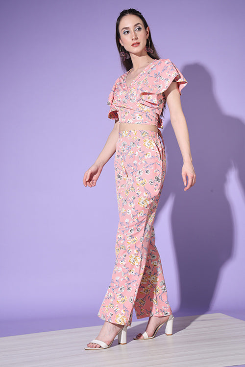 Cute Floral Printed Crop-Top With Trousers ClothsVilla.com