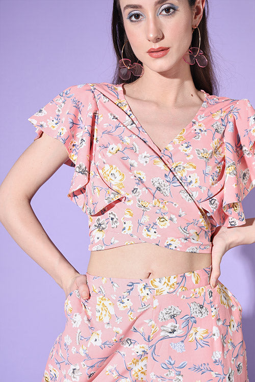Cute Floral Printed Crop-Top With Trousers ClothsVilla.com