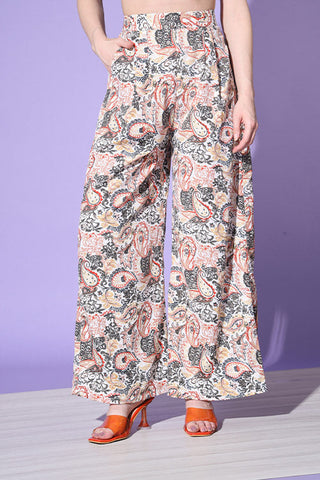 Beige Printed Shirt With Trouser Co-Ord Set ClothsVilla.com